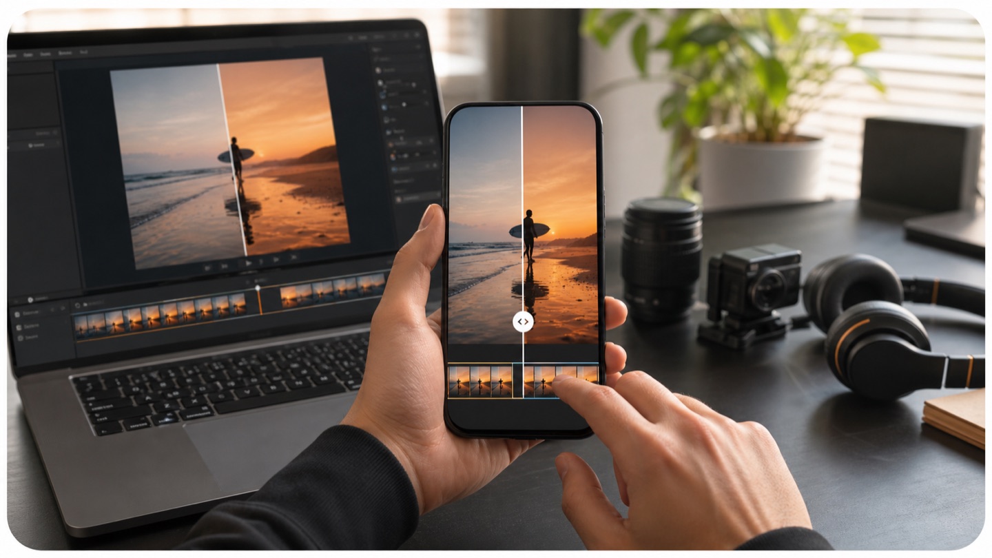 Mobile video creator reviewing a full-frame InShot export before and after authorized AI restoration