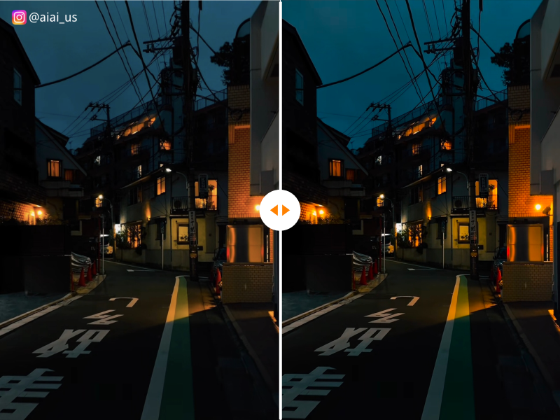 Before and after Instagram watermark removal on a nighttime city image