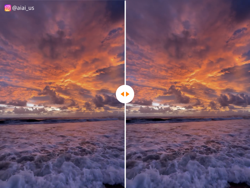 Before and after Instagram watermark removal on an ocean sunset image