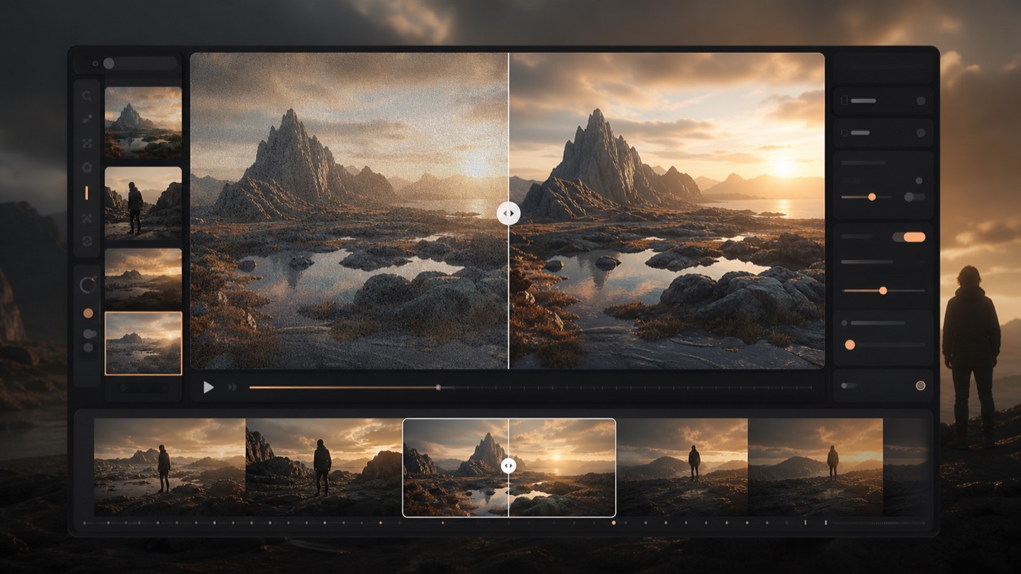 Cinematic Luma generation shown before and after authorized AI restoration with the full frame preserved