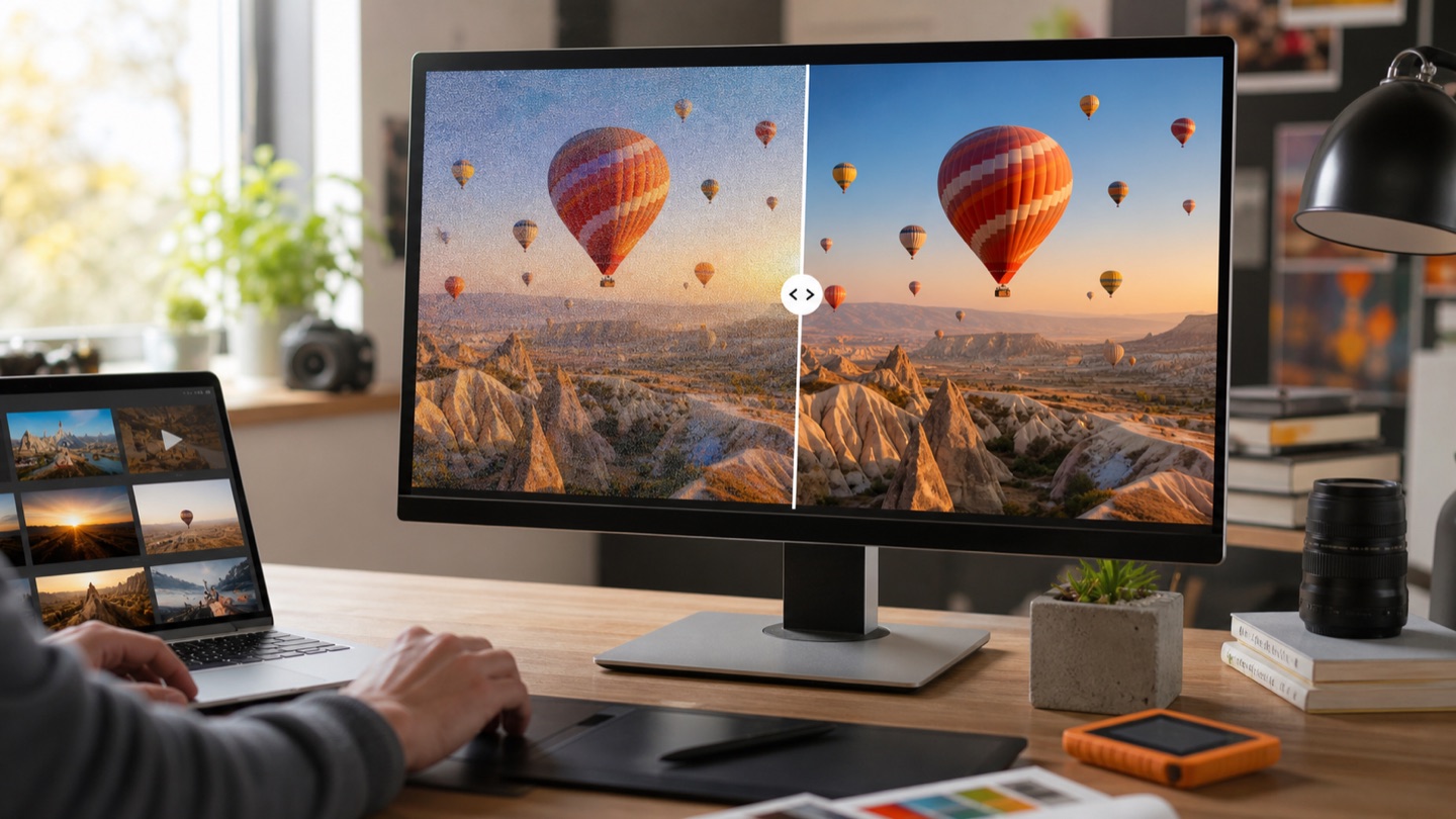 Creator reviewing a full-frame Picsart export before and after authorized AI restoration