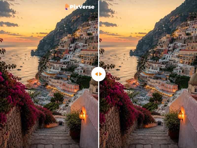Before and after PixVerse watermark removal on a coastal city scene