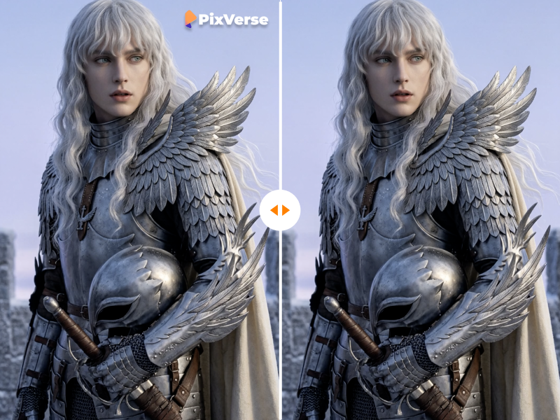 Before and after PixVerse watermark removal on a silver-armored warrior scene