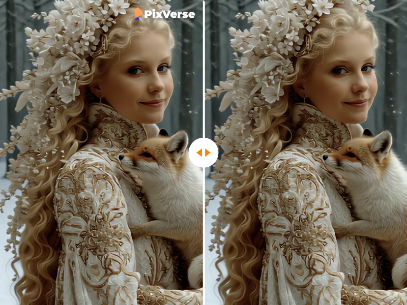 Before and after PixVerse watermark removal on a winter portrait with a fox