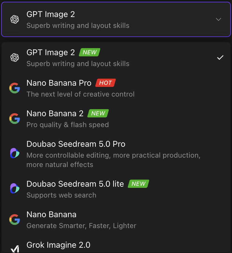 GPT Image 2 selected in the AI model menu