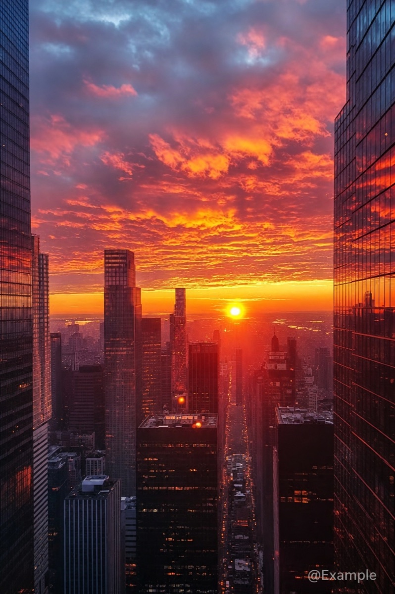 City sunset with a low-opacity @Example watermark in the lower-right corner