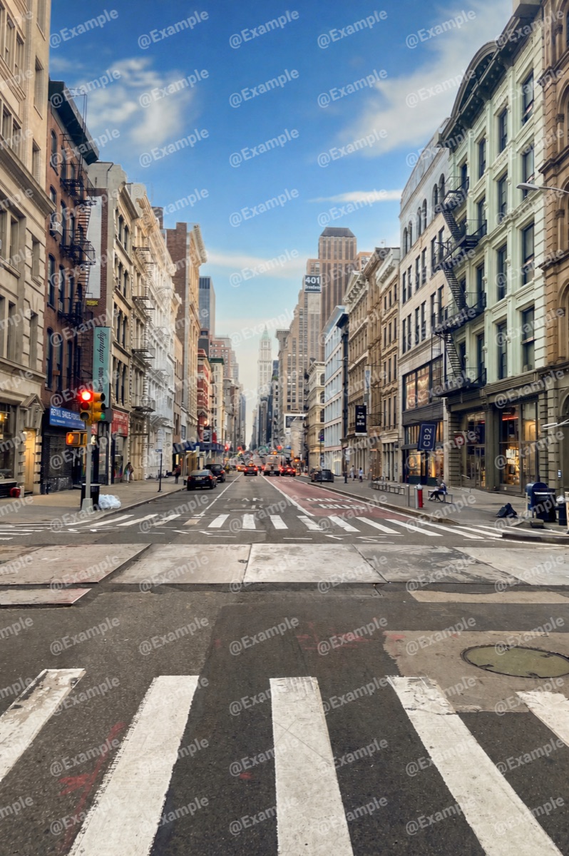City street covered by a repeated transparent @Example watermark pattern