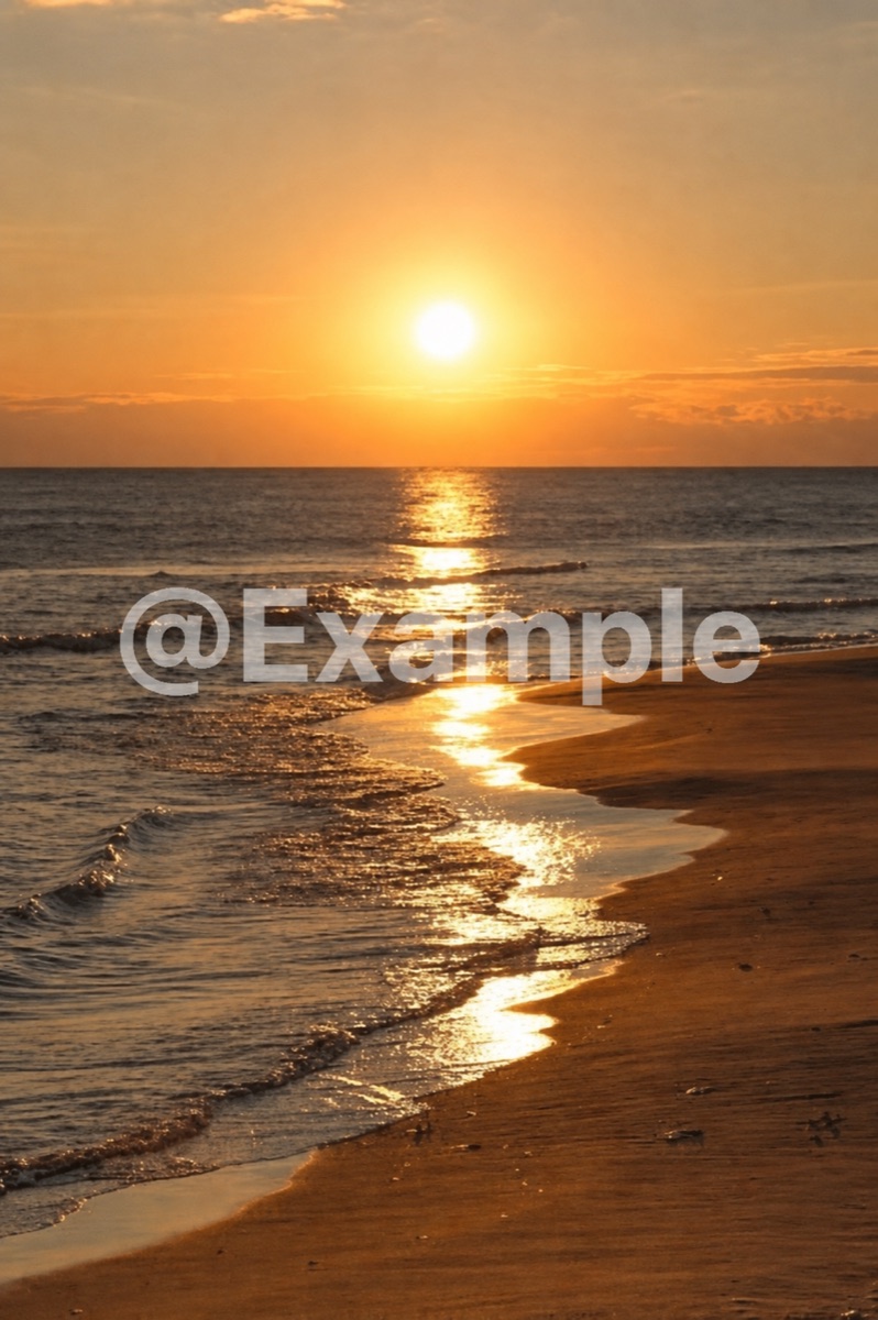 Beach sunset with a centered semi-transparent @Example logo watermark